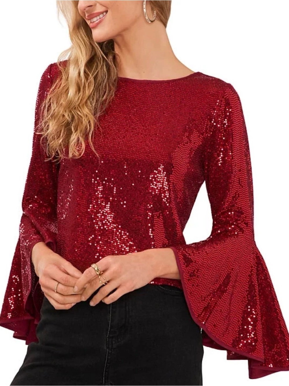 Vince Camuto Red Knit Metallic Sequin Bell-Sleeve flutter Long Sleeve Small